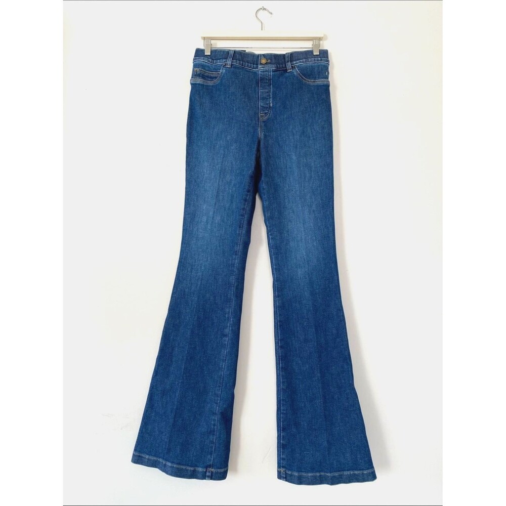 SPANX Dark Blue Flare Pull-On Jeans Sz L Tall Stretch Tammy Tac Boho Chic